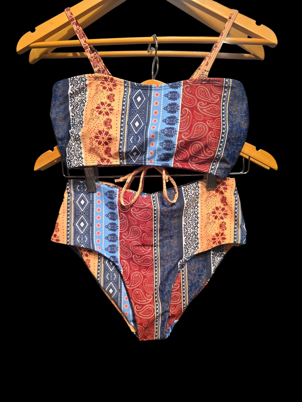 ADORABLE Red, Blue & Tan Paisley Print Bikini Set